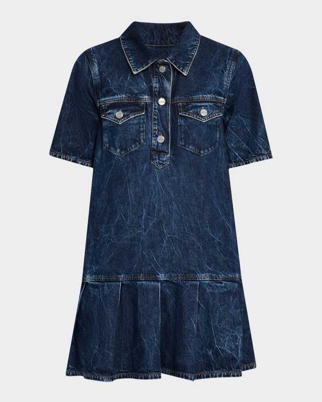 Short-Sleeve Crinkled Denim Mini Dress